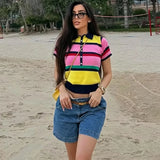 Daiiibabyyy  New Women's Knitted Blouse Summer Fashion Striped Young Women's Tops Chic Summer Unique Travel Holiday Polo Blouse Tops