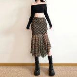 DAIIIBABYYY  -  New Women's Solid Color Slim Fit Street Fashion High Waist Bag Hip Plaid Skirt