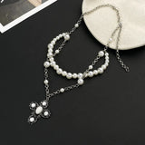 Daiiibabyyy  Charm Elegant Multilayer Imitation Pearl Necklace for Men Women New Goth Jesus Cross Pendant Choker Male Party Jewelry