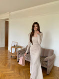 Daiiibabyyy  French Vintage Women Beige Elegant Square Neck Fishtail Evening Party Dresses Autumn Long Sleeve Vacation Pleated Wrap Hip Dress