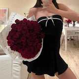 Daiiibabyyy  Bow Backless Sexy Mini Dress Women Elegant Party Off Shoulder High Waist Casual Slim Fit Strapless Contrasting Gowns Summer