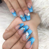 Daiiibabyyy  24Pcs Mid-length Ballet False Nail with Blue French 3D Flower Design Press on Nails Reusable Finished Full Cover Fake Nails Tips