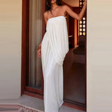 Daiiibabyyy  Strapless Sleeveless Solid Color Cocktail Dress Women Elegant Draped Design Split Long Dress Summer Fashion Backless Party Dress