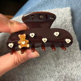 Daiiibabyyy  Lovely Teddy Bear Hair Clip Playful Animal Heart Dark Chocolate Brown Hair Claw for Women Girls Sweet Style Hair Accessories