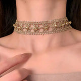 Daiiibabyyy  Champagne Pearl Knitted Hollow Flower Lace Clavicle Chain Elegant Sweet Choker Necklace for Women Party Fashion Jewelry