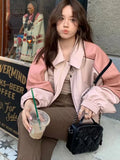 DAIIIBABYYY  -  Women's European Short Pink PU Leather Coat Female American Spliced Motorcycle Jacket Casual Street Style Leather Jacket
