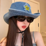 DAIIIBABYYY  -  New Cute Star Sticker Western Cowboy Caps for Women Summer Retro Versatile Outdoor Mountaineering Shade Bucket Hats Men