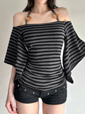 Daiiibabyyy  Elegant Striped Off Shoulder Blouse with Halter Neck and 3 4 Batwing Sleeves Perfect for Stylish Fall Outfits