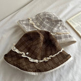 Daiiibabyyy  Japanese Plaid Bucket Hat for Women Spring Summer Breathable Sun Protection Hat Large Brim Lace Edge Foldable Fisherman Hats