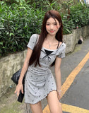 Daiiibabyyy  Korean Floral Sweet Dress Women Lace Patchwork Slim Mini Dress Casual Fashion Preppy Style Short Sleeve Female Cute Dress