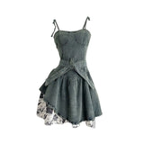 DAIIIBABYYY  -  Pure Sexy Women's Denim Dress Off Shoulder Patchwork Belt Slim Waist Dresses A-line Pleated Sweet Skirts Trendy Preppy Clothes