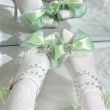 Daiiibabyyy  Mid Heel Shoes Woman Pink Green White Heels Pointed Toe Bridal Heels Lolita Heels Y2K Accessories Bow Pearl Stiletto Women