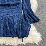 DAIIIBABYYY  -  Elegant Long Flare Sleeves Vintage V-neck Chic Rhinestone Lace Slim A-line Dresses Sexy Party High Street Autumn Winter Clothing