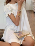 Daiiibabyyy  Sweet Summer Temperament Loose All Match Solid Peter Pan Collar Puff Sleeve Ruffles Dresses
