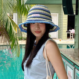 DAIIIBABYYY  -  Korean Fashion Contrasting Stripes Hollow Bucket Hats for Men and Women Summer Travel Sunscreen Versatile Leisure Basin Cap