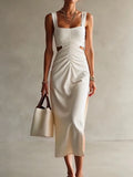 Daiiibabyyy  Elegant Side Slit Hight Waist Slim Summer Dress  Women Casual Draped Party Dresses Fashion Square Neck Hollow Out Long Dress