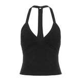 Daiiibabyyy  Y2k Streetwear Halter Backless V Neck Sleeveless Solid Slim All Match Knitted Tanks