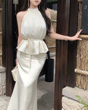 Daiiibabyyy  French Style Satin Halter Cami Top Women Summer High Waist Mermaid Skirt Set Sleeveless Elegant Two Piece Outfit high quality