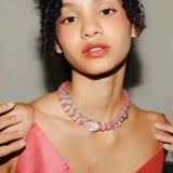 DAIIIBABYYY  -  1pcs/ imitation acrylic Baroque Pearl Pink Opal Necklace fashionable atmosphere Joker short clavicle chain simple and high sense