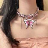 DAIIIBABYYY  -  Sweet Cool Dopamine Gradient Pink Butterfly Leather Chain Wrap Necklace