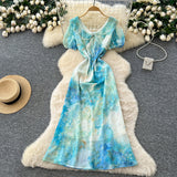 Daiiibabyyy  Woman Vintage Print Dress Doll Collar Bandage Fashion Elegant Vestidos Korean A-Line Puff Sleeve Dresses Vestidos De Mujer