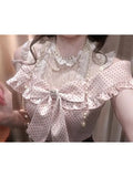 Daiiibabyyy  Casual Sweet Japanese Vintage Off Shoulder Dress Women Polka Dot Lace Trim Bow Pearl Detail Slim Fit Long Dress Elegant Outfit