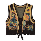 DAIIIBABYYY  -  Women's Ethnic Style V-neck Sleeveless Knitted Vests Spring Autumn Niche Jacquard Lace-up Casual All-match Short Vest Jackets
