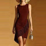 Daiiibabyyy  Casual Women's O-neck Holiday Dresses Vintage Tassel Patchwork A-line Dress Summer Sleeveless Hollow Out Commuting Dress
