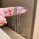 Daiiibabyyy  Silver Needle Zircon Butterfly Tassel Earrings  Personalized Fashionable High-end Earring Light Luxury Versatile Jewelry