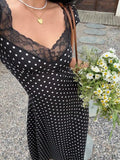 Daiiibabyyy  Black White Polka Dot Lace Trim Heart Neck Puff Sleeve Ruched Waist A-Line Midi Dress