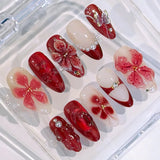Daiiibabyyy  24Pcs French White Gradient Almond Press on Nails Flower Pattern False Nails with 3D Rhinestone Design Fake Nail Art