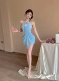 Daiiibabyyy  Pure and Unique Halter Neck Strapless Dress Nightclub Mesh Makes You Look Thin