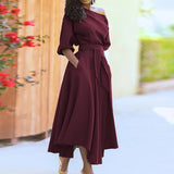 Daiiibabyyy  Women Summer Dress Solid Color Lantern Sleeve Belt Off Shoulder Pleated Mid-calf Vestidos Perfect for Casual Summer Days