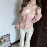 Daiiibabyyy  Spring Autumn Bow Strap Pink V-neck Long Sleeved Lace T-shirt Women Slim Fit Waist Cinching Design Base Top