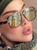 Daiiibabyyy  Women's Vintage Pilot Sunglasses Oversized Square Frame Double Bridge Designer Shades Black Luxury Fashion Sun Glasses Eyewear