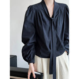 DAIIIBABYYY  -  Autumn New Ribbon Hanging Neck Shirt for Women, Korean Style Slimming and Elegant Top