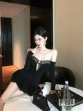 Daiiibabyyy  Hot Girls Short Party Dress Women Summer New Strapless Sheath Club Dress with Sleeves Hollow Out Lace Trim Mini Black Dresses