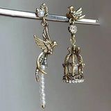 Daiiibabyyy  Retro Art Design Bird In Cage Pearl Tassel Asymmetric Earrings Women's Personalized Charm Jewelry Creative Gifts