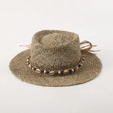 Daiiibabyyy  Sea Grass Summer Panama Hats for Women Sun Hat with Leather Shell Band Designer Flat Top Straw Fedora Hat Party Travel Beach Hat