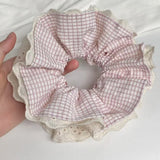 Daiiibabyyy  1PC Large Pink Plaid Hair Scrunchie With Lace Trim, Sweet Ruffled Hair Tie, Cute Hair Accessory For Women And Girls