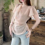 Daiiibabyyy  Fashionable Gauze Sweet Polka Dot Waist Blouse Female Clothing Short Sleeve Summer New French Style Round Neck Aura Folds Shirts