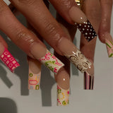 Daiiibabyyy  24pcs Sweet Cool French Style False Nails Wave Point Flower Designs Spicy Girl Press On Nails Medium Coffin European Fake Nail