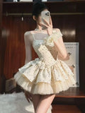 Daiiibabyyy  Elegant Princess Polka Dot Puff Dress Women Bow Strap Birthday Party Dresses Girls Sweet Ruched Design Slim Fit Outfits New