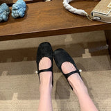 DAIIIBABYYY   -  Lamb Skin Chinese Style New Chinese Mary Jane Shoes Women's Spring and Summer New Pearl Square Head Line with Low Heel Cheongsam