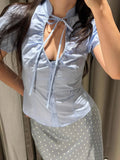 Daiiibabyyy  Light Blue Vintage Blouses Women Stand Collar Tie Neck Ruched Front Puff Short Sleeve Fitted Silhouette Tops Street Wear