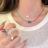 DAIIIBABYYY  -  Fashion Aesthetic Cute Ceramic Red Blue Mushroom Beaded Contrast Design Choker Necklace 2025 Summer Y2K Charms Jewelry For Women