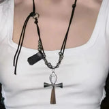Daiiibabyyy  Punk Gothic Metal Cross Pendant Black Rope Long Sweater Chain Necklaces For Women Men Y2K Vintage Grunge 90s Jewelry Rock Gifts