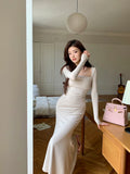 Daiiibabyyy  French Vintage Women Beige Elegant Square Neck Fishtail Evening Party Dresses Autumn Long Sleeve Vacation Pleated Wrap Hip Dress