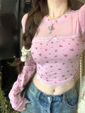 DAIIIBABYYY  -  Pure Sexy Floral Long-sleeved T-shirt Women's Spring Summer Gauze Patchwork Slim Fit Crop Top Fashion Female Clothes