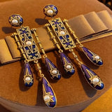 Daiiibabyyy  Elegant Bohemian Style Vintage Dangle Earrings Star Tassel Waterdrop Earrings Temperament Pearl Blue Drip Glaze Earrings Women